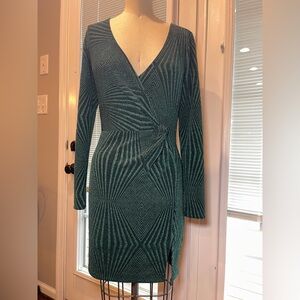 Green Wrap Dress Small Long Sleeve Bodycon Stretch Twist Front Cocktail